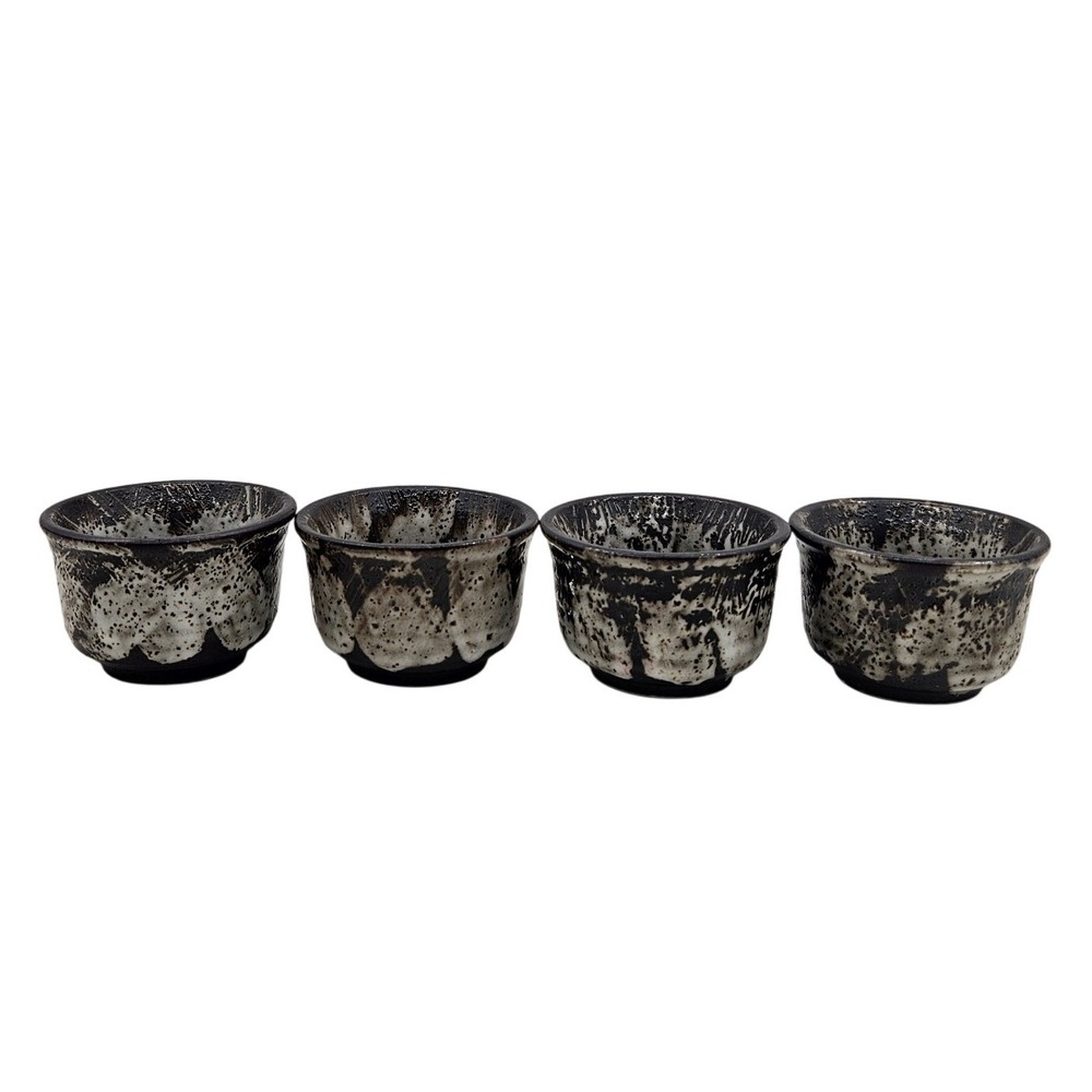Set of 4 Black & White Splatter Glaze Ceramic Tea/Saki Cups Wabi-Sabi Stoneware